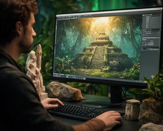 3D environment artist modelling a jungle pyramid scene on a wide monitor