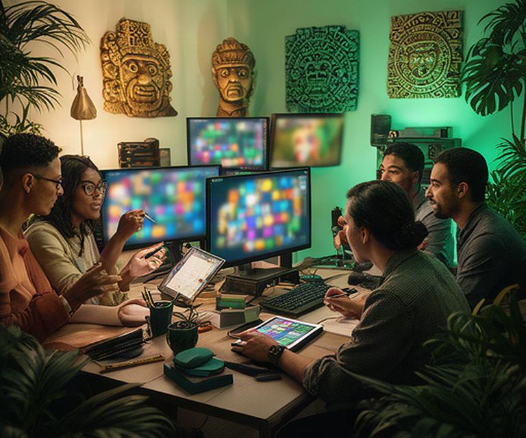 Mobile game art team working around screens in a tropical decorated Hialeah studio with emerald and gold artwork