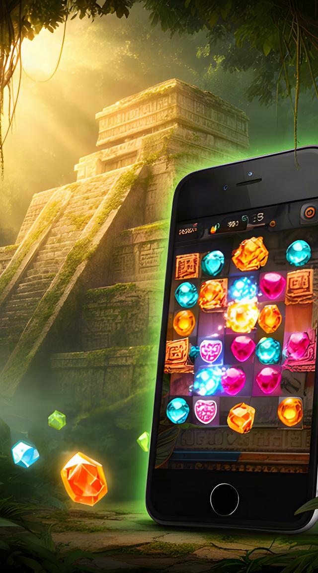 Aztec match-3 game store screenshot on a phone beside a jungle pyramid