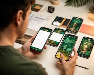 App Store optimization specialist comparing mobile game preview layouts on multiple phones