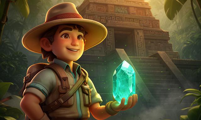 Stylised Aztec explorer holding an emerald relic beside a jungle temple for a mobile game feature banner