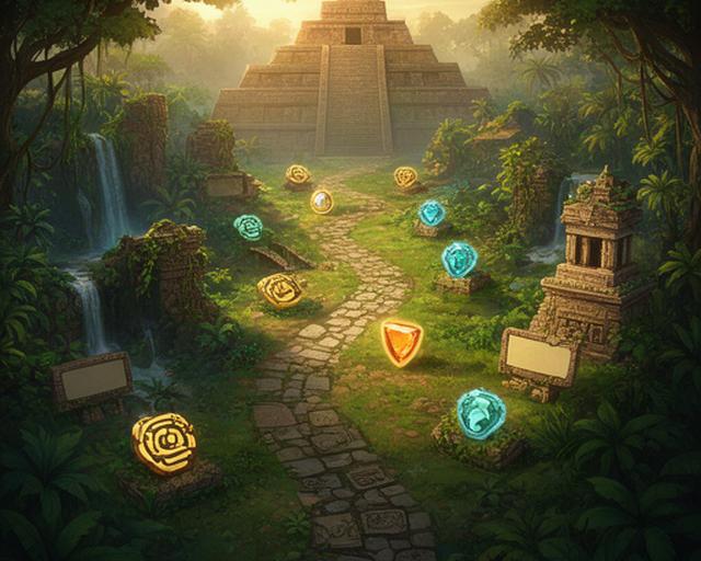 Aztec level-select map winding through a tropical jungle toward a stepped pyramid with marked puzzle stages