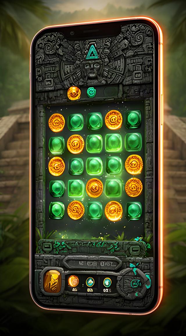 Aztec match-3 game screen on a phone with emerald tiles, gold sun discs, and a jungle pyramid HUD