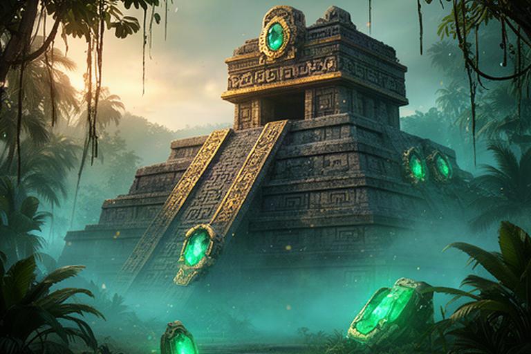 High-poly Aztec temple with glowing emerald gems in a misty tropical jungle storefront composition