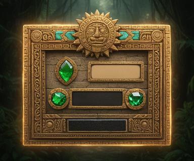After view of an Aztec match-3 menu with carved gold frames and emerald reward icons