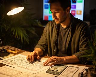 Creative director reviewing Aztec game interface sketches beside warm studio lighting