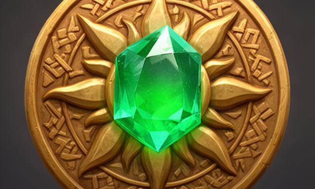 Glossy emerald game icon on a carved golden sun disc with warm studio lighting