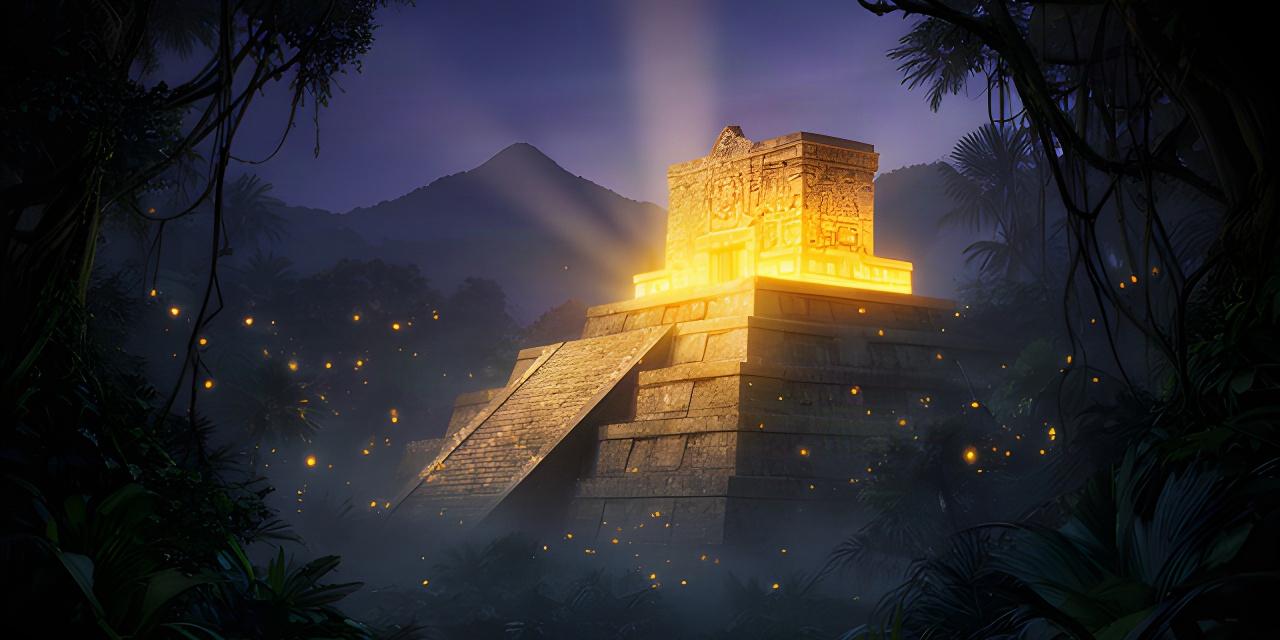 Dark tropical jungle surrounding a glowing Aztec pyramid at dusk