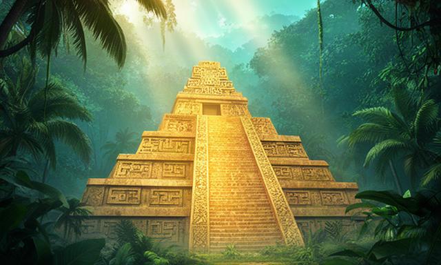 Wide Google Play feature graphic showing a golden Aztec pyramid surrounded by dense tropical leaves