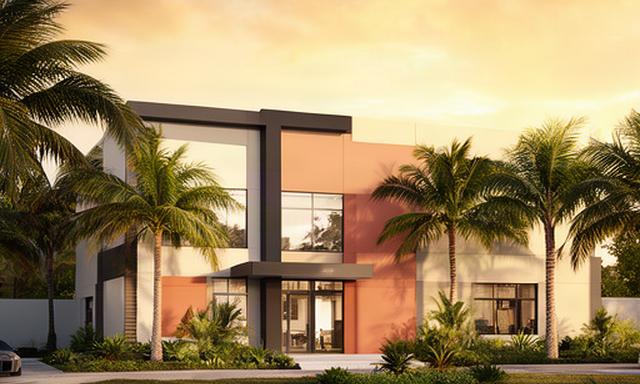 Modern Hialeah game art studio exterior with palms and a warm afternoon sky