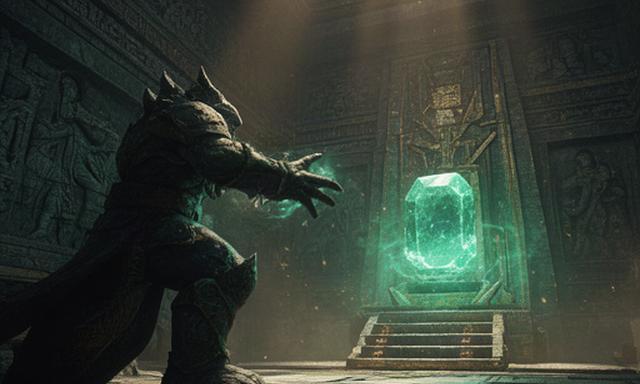 In-game cinematic frame of a stone guardian lighting an emerald altar inside an ancient pyramid