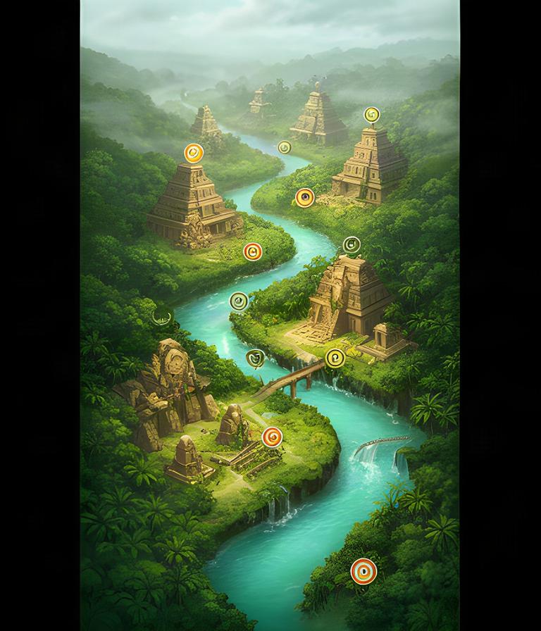 Mobile chapter-select map mockup with a winding river crossing emerald jungle and temple ruins