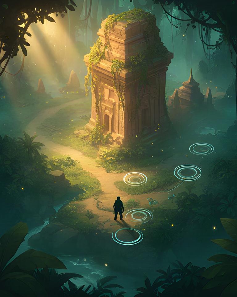 Adventure map mobile screen mockup with a small explorer silhouette near a vine-covered temple