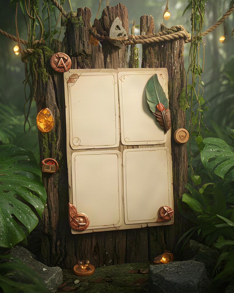 Daily quest board mobile mockup mounted on weathered jungle wood beside tropical leaves