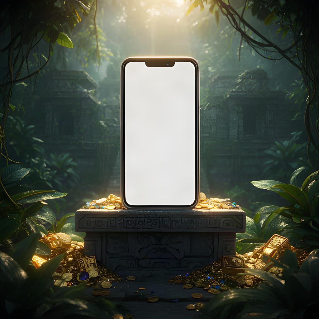 Mobile game presentation mockup resting on a carved stone altar surrounded by tropical leaves and gold treasure