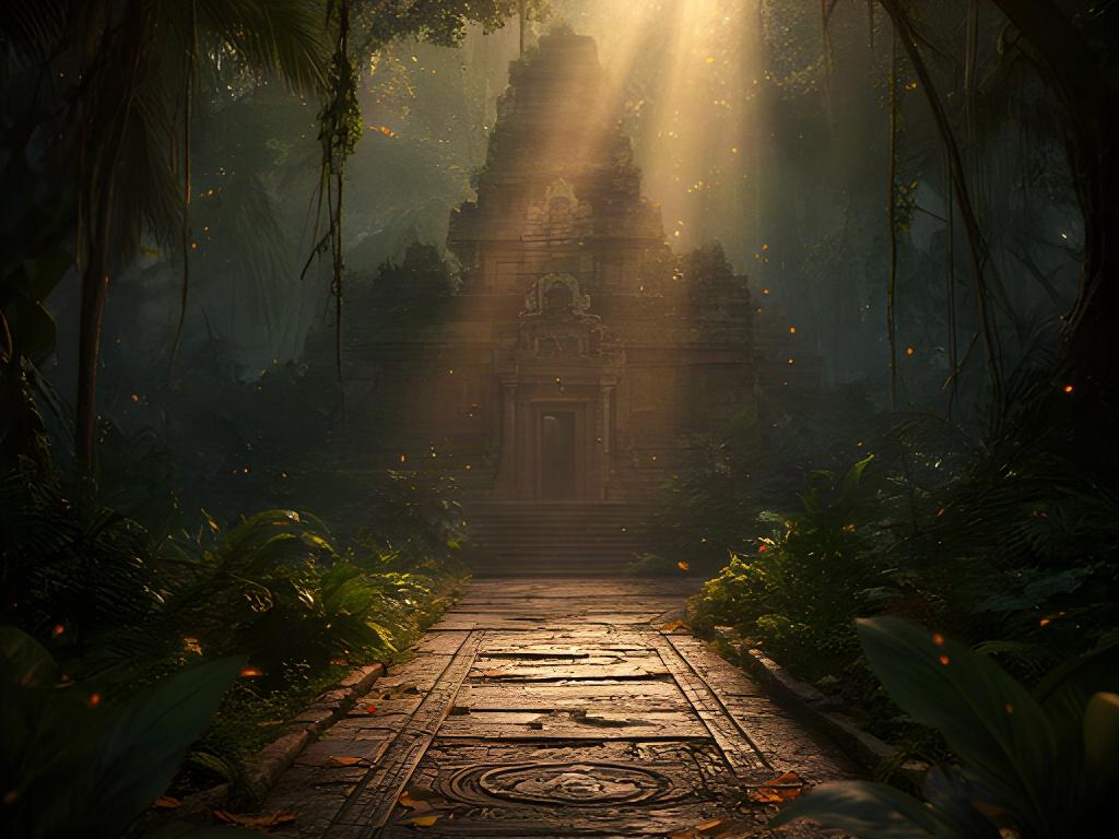 Golden-hour sunbeams cutting through dense rainforest onto a carved temple path