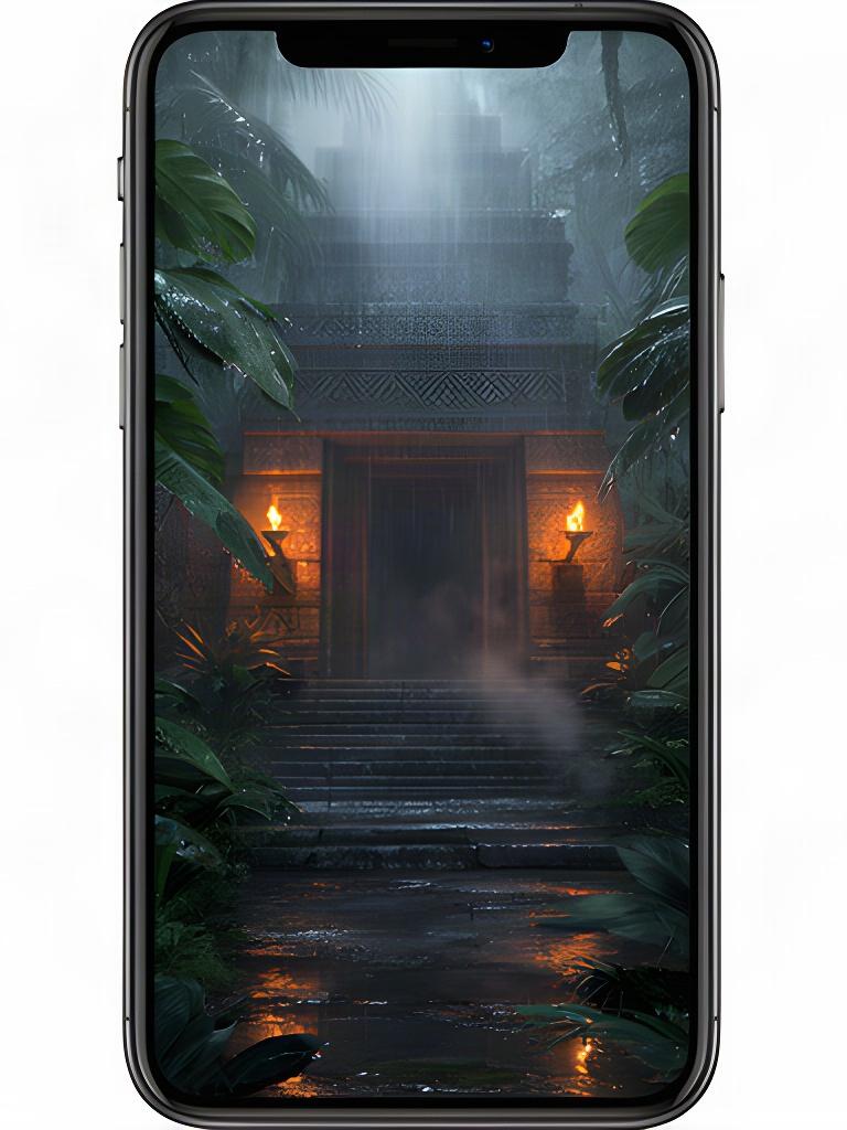 Mobile loading screen mockup showing a torch-lit jungle temple entrance after rain