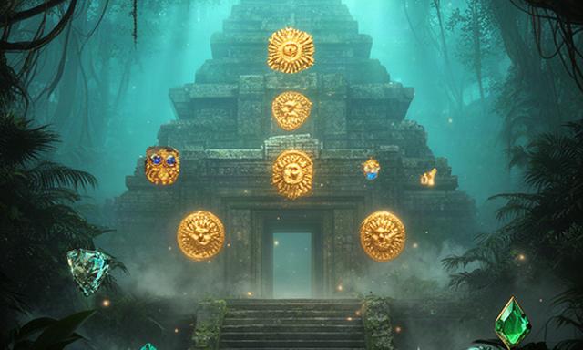 Cinematic jungle temple preview still with turquoise fog, gold sun discs, and match-3 game artwork