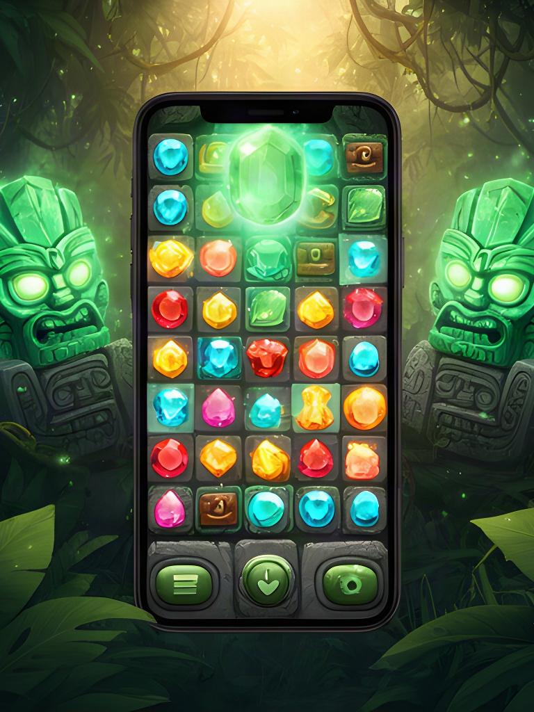 Casual match-three puzzle screen mockup with glowing emerald totems beneath a jungle canopy
