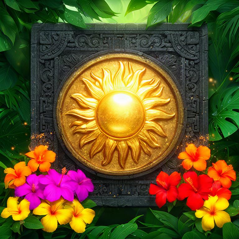 Feature card mockup with a golden sun disc, carved stone, and bright tropical flowers