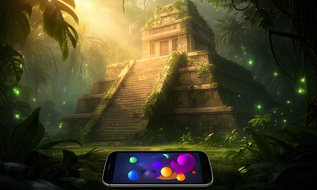 Sunlit tropical jungle surrounding a vine-covered stone pyramid with a mobile game mockup in the foreground