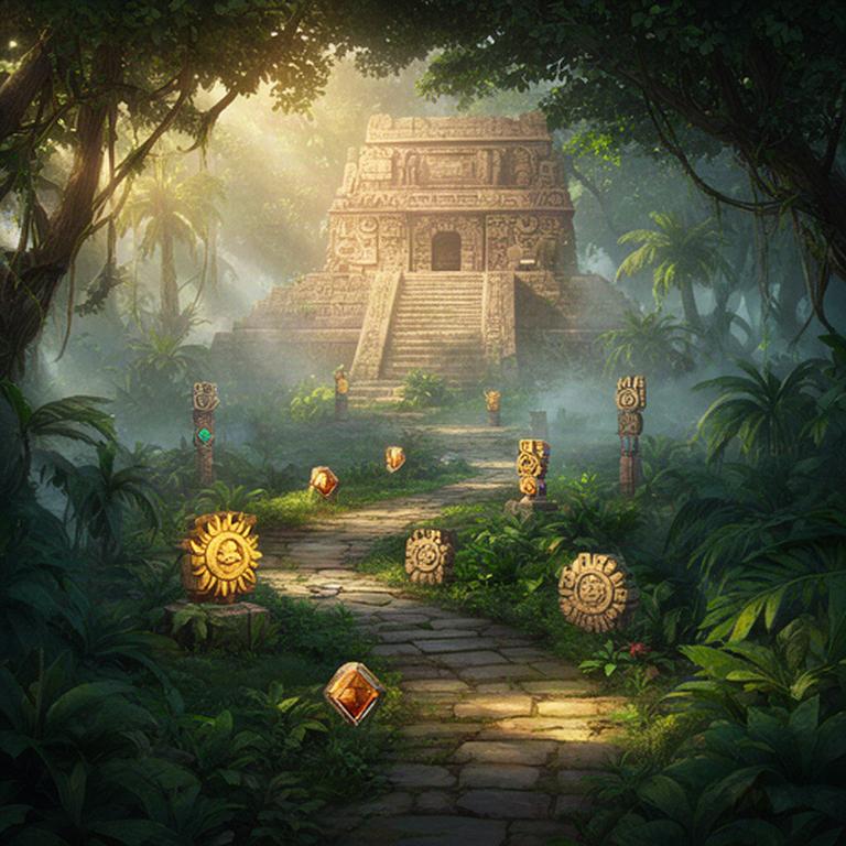 Aztec match-3 level map winding through a tropical jungle toward a stone pyramid