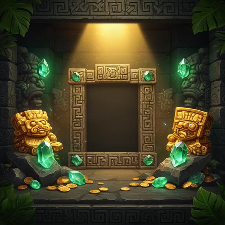 Treasure room popup mockup with golden artifacts, emerald stones, and carved Aztec borders