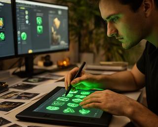 Lead UI artist shaping glowing emerald icons on a tablet in a game art studio