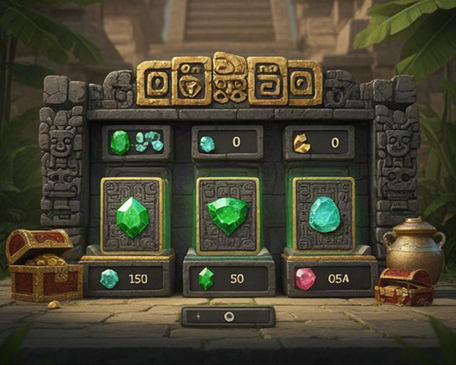 Ancient Aztec mobile game shop interface with booster cards, carved stone panels, and emerald accents