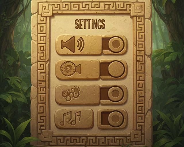 Casual puzzle game settings screen with stone buttons, sound controls, and a warm jungle background
