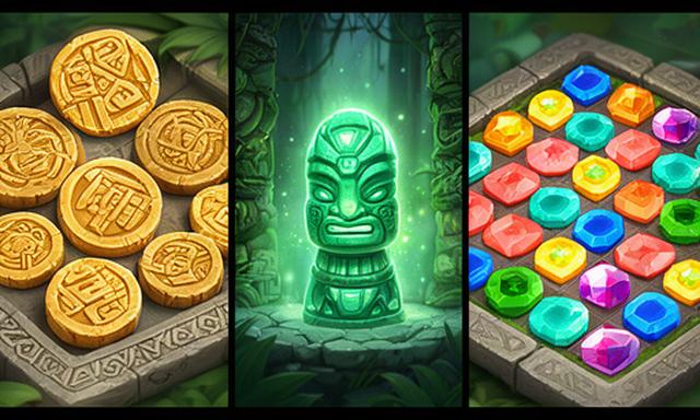 Three-panel social media carousel showing carved tokens, emerald totems, and a colourful jungle match-3 board