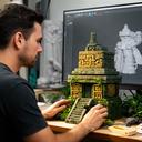 Hialeah 3D environment artist shaping a carved jungle temple prop on a workstation