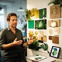 Creative director planning a tropical match-3 art direction board with gold and green references