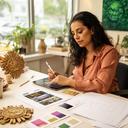 Latina lead UI artist reviewing Aztec game interface sketches in a bright Hialeah studio